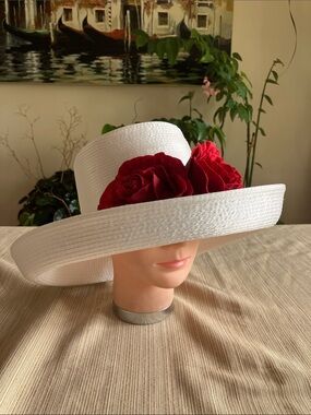 Elegant White Satin Ribbon Wide-Brim Hat with Red Velvet Rose Accent
